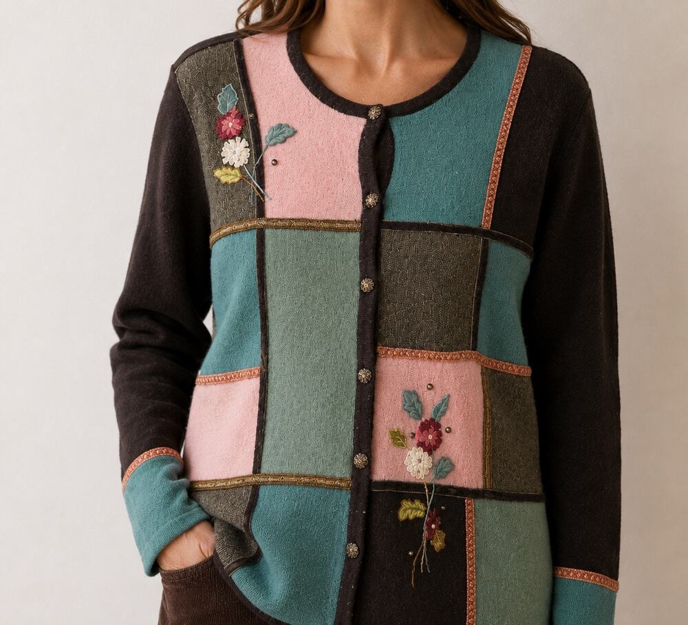 Vintage Koret Womens Patchwork Wool Cardigan PM Floral Embroidered Boho Granny